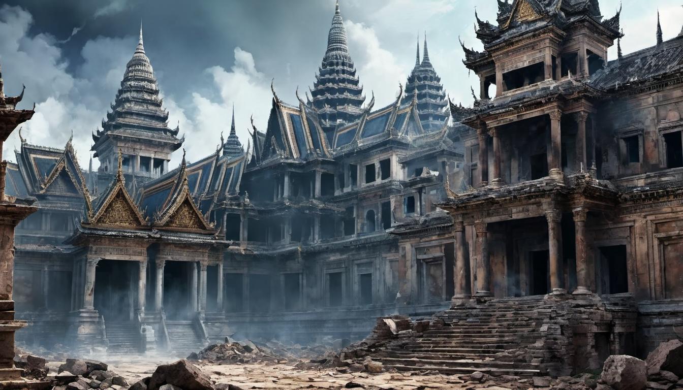  digital painting of a grand palace crumbling, cracks running through its foundation, a symbol of a once great kingdom in ruins, smoke rising, sense of hubris, downfall, desolation. looking at viewer, dynamic pose, (intricate details, masterpiece, best quality)