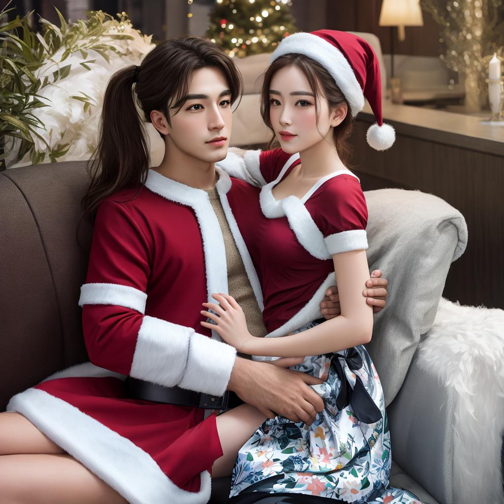  masterpiece, best quality, a realistic photo of two people. A young woman sitting on the lap of a man that looks like Santa Claus