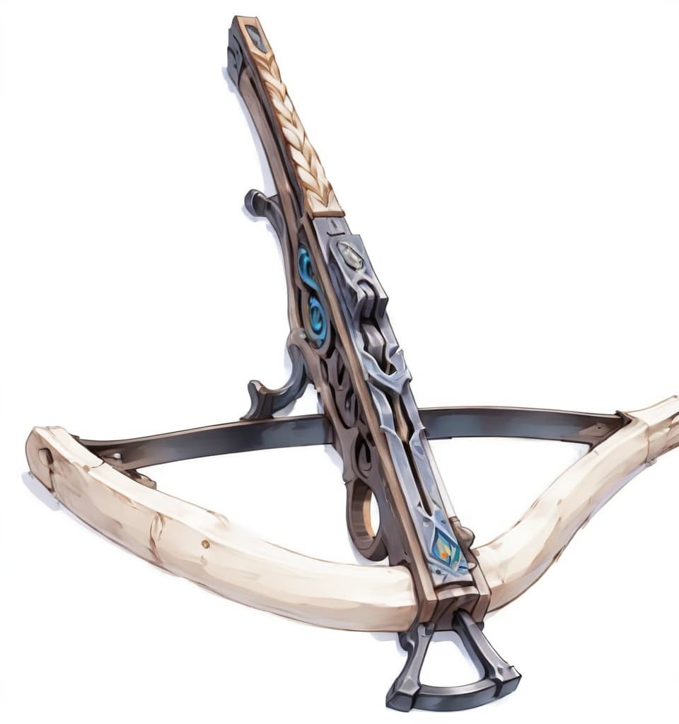  anime artwork crossbow , white wood, bone arm, rope . anime style, key visual, vibrant, studio anime, highly detailed, on parchment