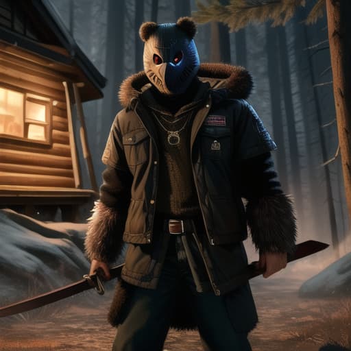  supernatural fusion of mammal animals and human fusions of young bear cub holding a bloody machete and wearing an iconic Jason Voorhees mask, background location Camp Crystal Lake, camp fire, dead campers, log cabin, ectremely detailed scenery, epicly detailed Jason Voorhees mask, visual steamy breath, dark nightmare, spooky, scary, theme horror, humans fusion with animals, ultra detailed, hyper focus, high res, unreal engine, masterpiece, computer animated art style, , (masterpiece, best quality:1.5), HDR 4K, 8K