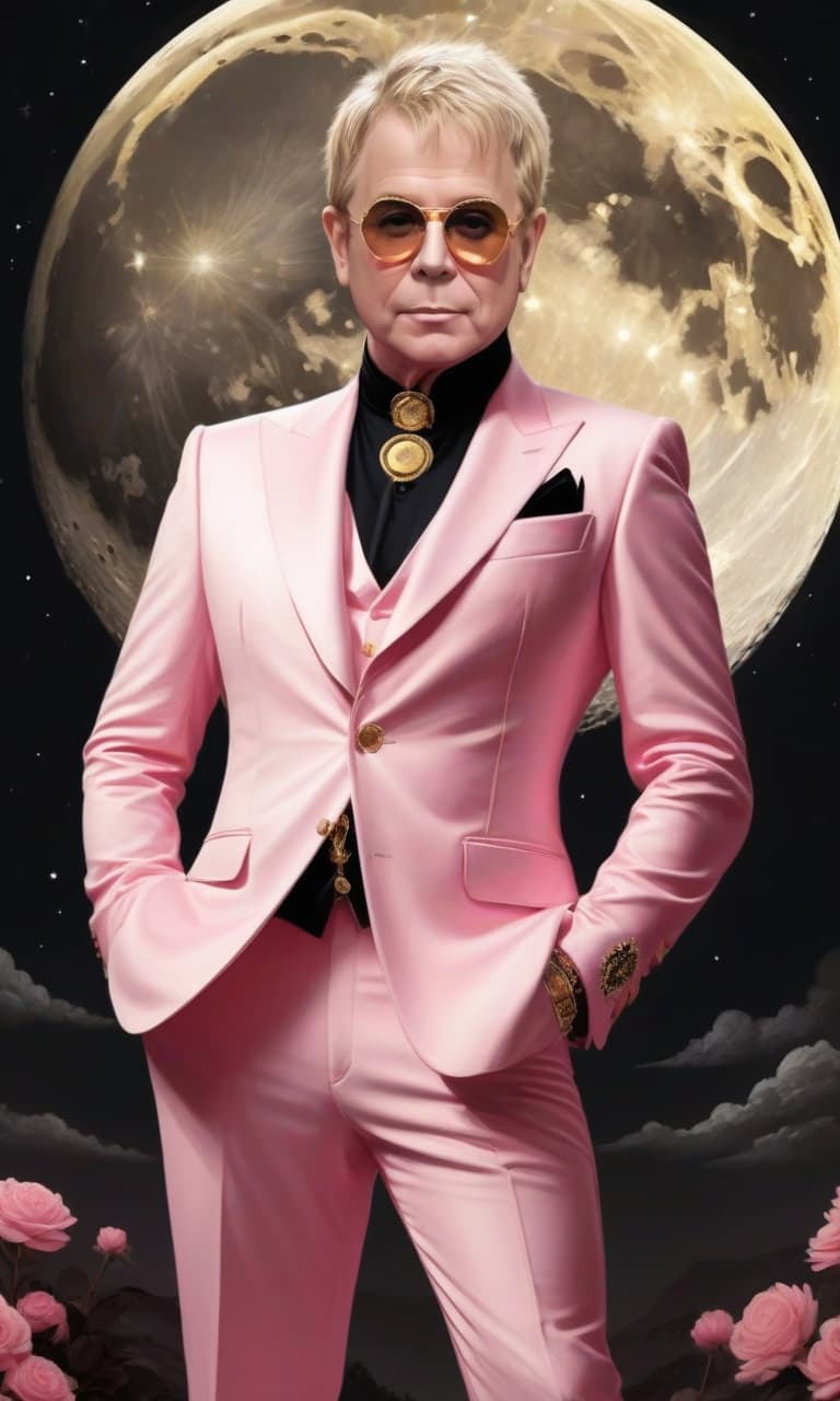  concept art pink, gold, black, white amid the huge golden moon of elton john . digital artwork, illustrative, painterly, matte painting, highly detailed, perfect hands