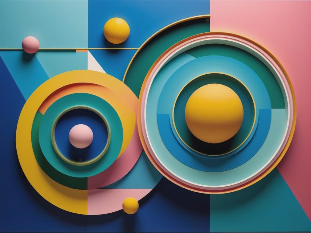  modern, abstract art piece featuring a combination of vertical lines and geometric shapes. the layout includes a series of vertical, multicolored lines that create a sense of depth and texture. the background consists of a gradient of green and yellow hues, resembling a field, with white spherical shapes distributed throughout, adding a three dimensional effect. in the foreground, there are pink and blue triangular forms that appear to be rising from the bottom, contributing to the layered composition. the overall style is contemporary and visually dynamic, with a focus on color contrast and spatial arrangement.