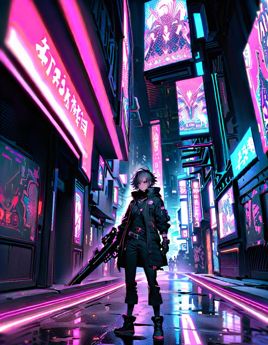  male 20s punk mercenary., running through neon lit streets, wielding a futuristic weapon., focused and determined., break a cyberpunk mercenary on the run., futuristic cityscape with neon signs and graffiti covered buildings., futuristic weapon, holographic displays, graffiti covered walls, neon signs., break futuristic and chaotic urban environment., vibrant neon lights, dynamic motion blur effects.,