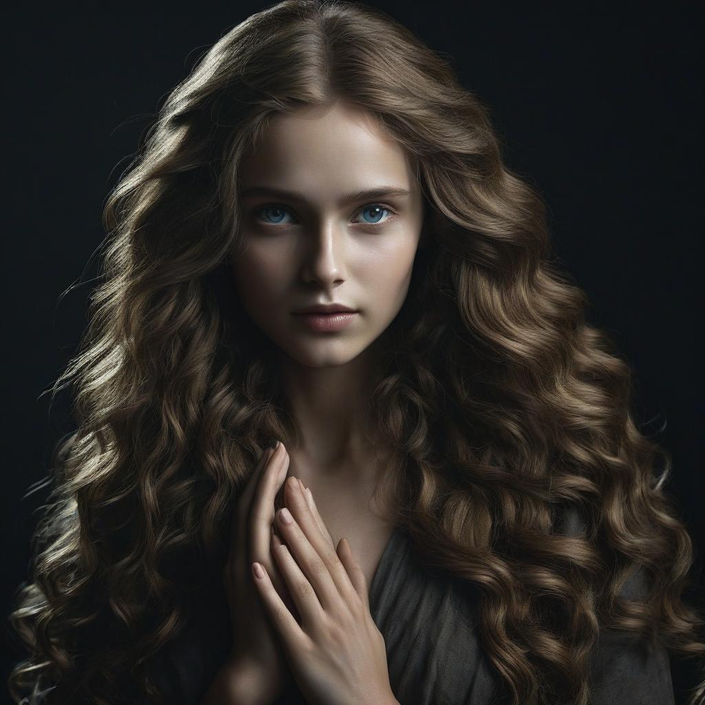  concept art a beautiful slavic woman with long wavy hair. (highest quality, super detailed: 1.3), (beautiful hands, perfect hands),cinematic light, (1 girl:1.3), hyperrealistic eyes, black background, sculpture, shading, porcelain skin, rocco shapes, . digital artwork, illustrative, painterly, matte painting, highly detailed