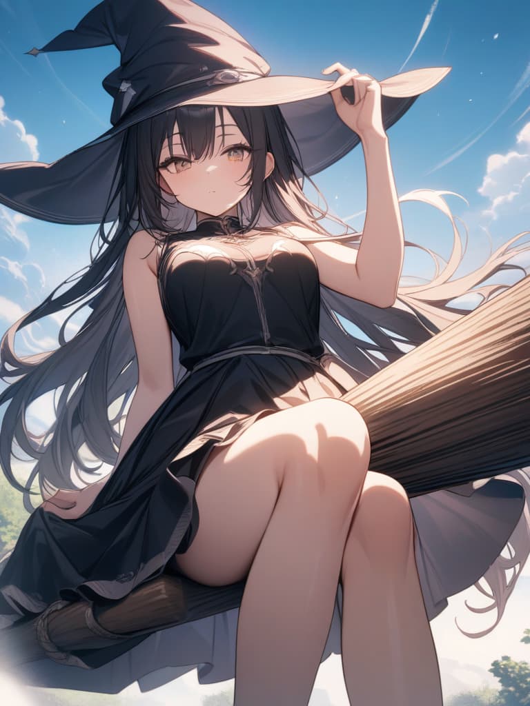  witch, girl, broom sideways sitting on it, hair flutters, flying in the sky, riding in a broom, holding a hat, holding down the witch's hat, the part of the broom wooden stick sitting in, masterpiece, best quality,8k,ultra detailed,high resolution,an extremely delicate and beautiful,hyper detail