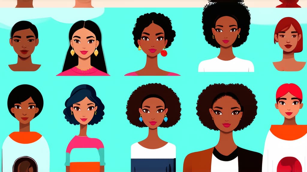  flat illustration, flaticon, (illustration:1.15), different beauty. set of different female heads. different races and nationalities. colored hand drawn illustration ar 16:9, [cory loftis, strobist, pascal campion :: 0.2]