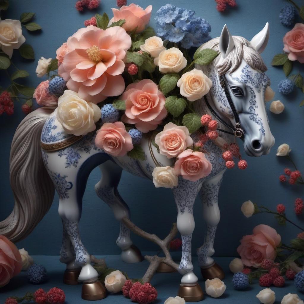  Still life with a beautiful porcelain horse. hyperrealistic, full body, detailed clothing, highly detailed, cinematic lighting, stunningly beautiful, intricate, sharp focus, f/1. 8, 85mm, (centered image composition), (professionally color graded), ((bright soft diffused light)), volumetric fog, trending on instagram, trending on tumblr, HDR 4K, 8K