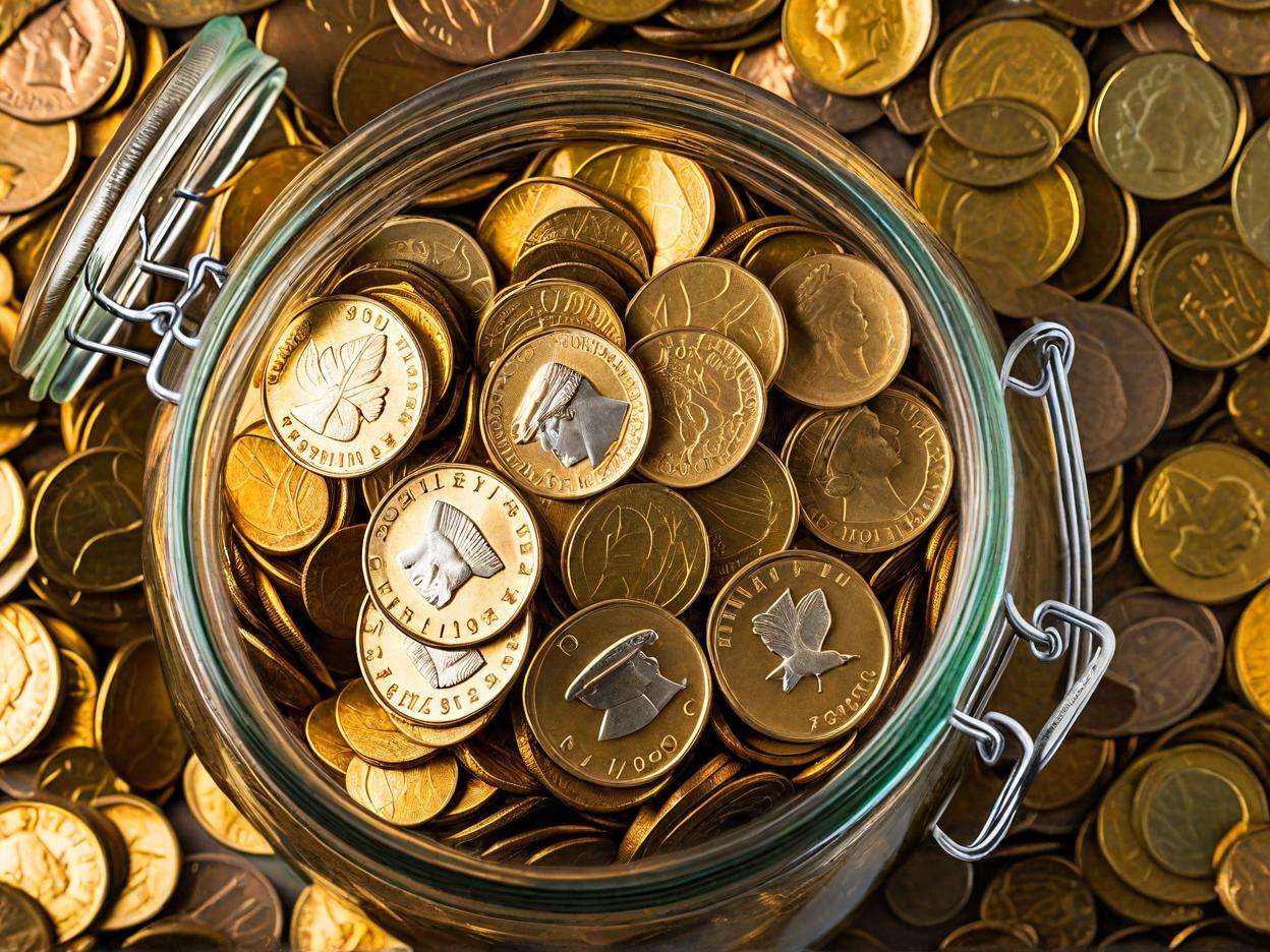  macro photography, a clear jar filled with coins, transforming into a glowing light, symbolizing financial freedom and enlightenment, close up, macro 100mm, macro photography