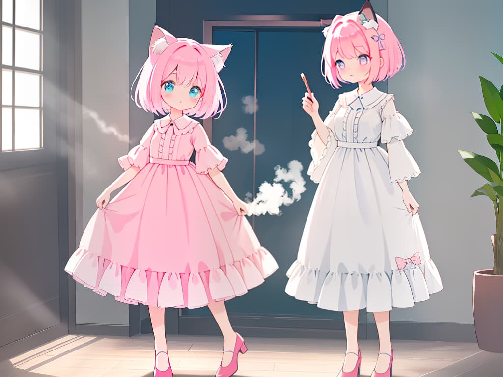  cat ears, bob hair, pink hair, eyes color blue, cute, single, cigarette, tobacco, masterpiece, best quality,8k,ultra detailed,high resolution,an extremely delicate and beautiful,hyper detail hyperrealistic, full body, detailed clothing, highly detailed, cinematic lighting, stunningly beautiful, intricate, sharp focus, f/1. 8, 85mm, (centered image composition), (professionally color graded), ((bright soft diffused light)), volumetric fog, trending on instagram, trending on tumblr, HDR 4K, 8K