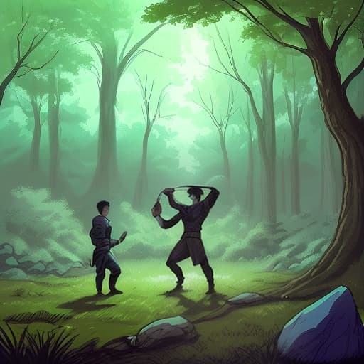  draw a scene from the fantasy world comic book, forest clearing, general stage. training ground. a field near the house. 1f. a with dark short hair tries to lift a small stone with the help of magic. there's a man standing next to him, watching.