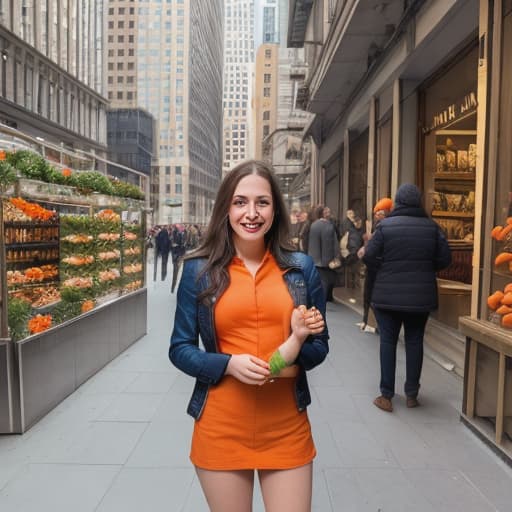  a hyper realistic photo of a beautiful woman holding only a carrot while smiling. full body image. location is outside in a city.