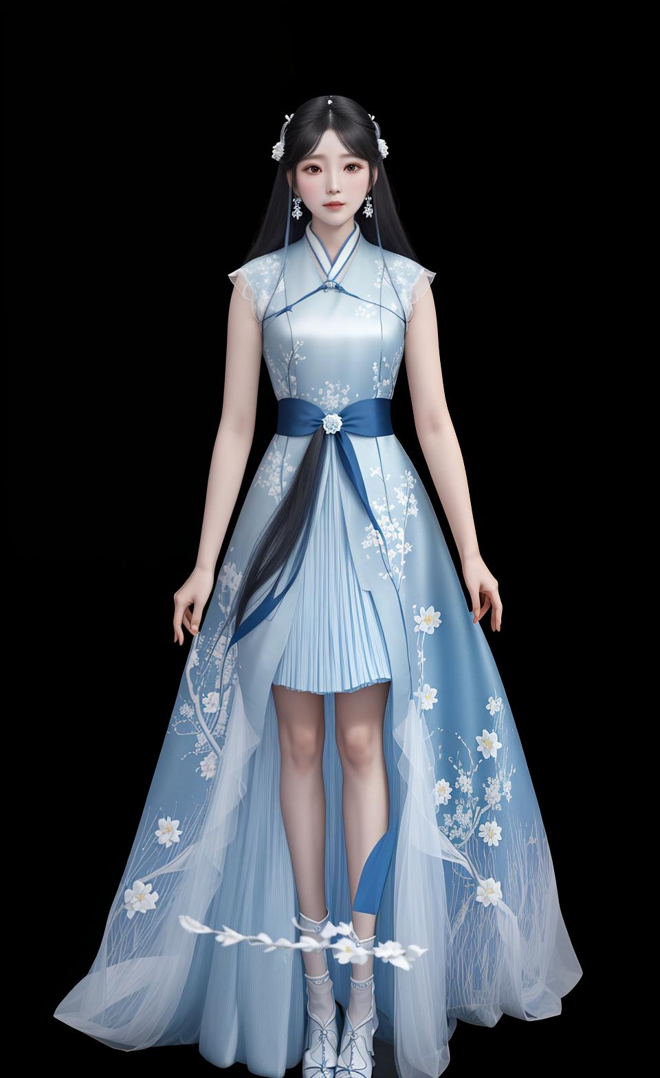  masterpiece, best quality, (fidelity: 1.4), best quality, masterpiece, ultra high resolution, poster, fantasy art, very detailed faces, 8k resolution, chinese style, an woman, side face, quiet, light blue hanfu, tulle coat, long black hair, light blue fringed hair ornament, hairpin, white ribbon, white flower bush, light blue butterfly flying, cinematic lighting effects gunina barajas, detallado face