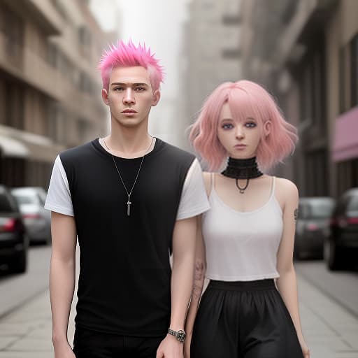  the girl with pink hair and the guy with black