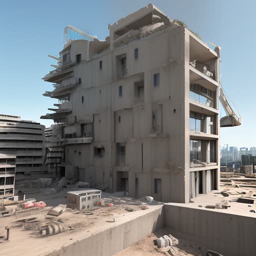  a disassembled building in a section where there are various structures (concrete, metal). there's an excavator. view 3/4. style 3d art digital