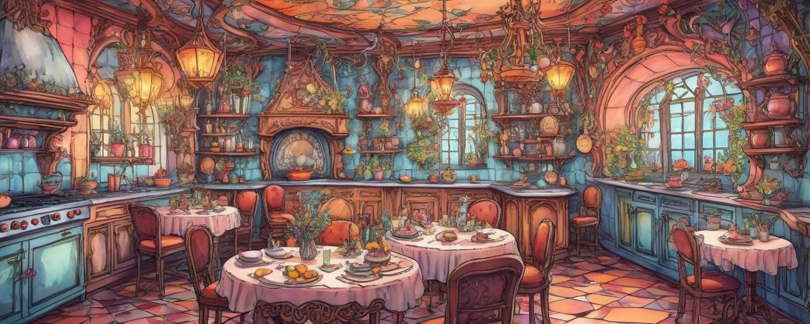  fairy tale sketch color pattern kitchen in a restaurant without people . magical, fantastical, enchanting, storybook style, highly detailed, sticker