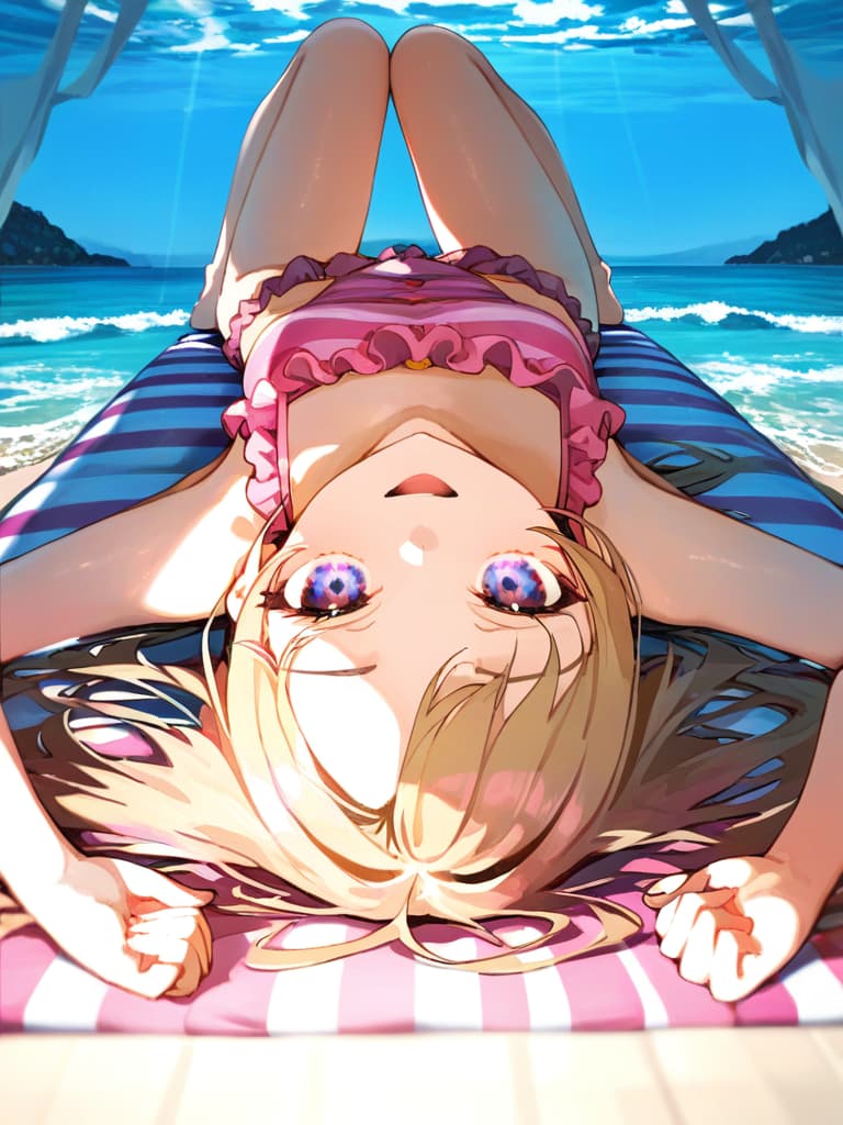  ultra detailed:1.2,masterpiece:1.2,best quality,masterpiece,bestquality,hdr:1.1,8k:1.1,very cute girl:1.3,(pink color,frill ,swimwear:1.6),(lying,at striped float bed on sea:1.8) ,smile:1.4 ,(blonde hair,twin tail,drill hair:1.3) ,(on the sea:1.7),upper body:1.3,dutch angel:1.5,open mouth,(upside down:1.7)((eyes highlight:1.1))