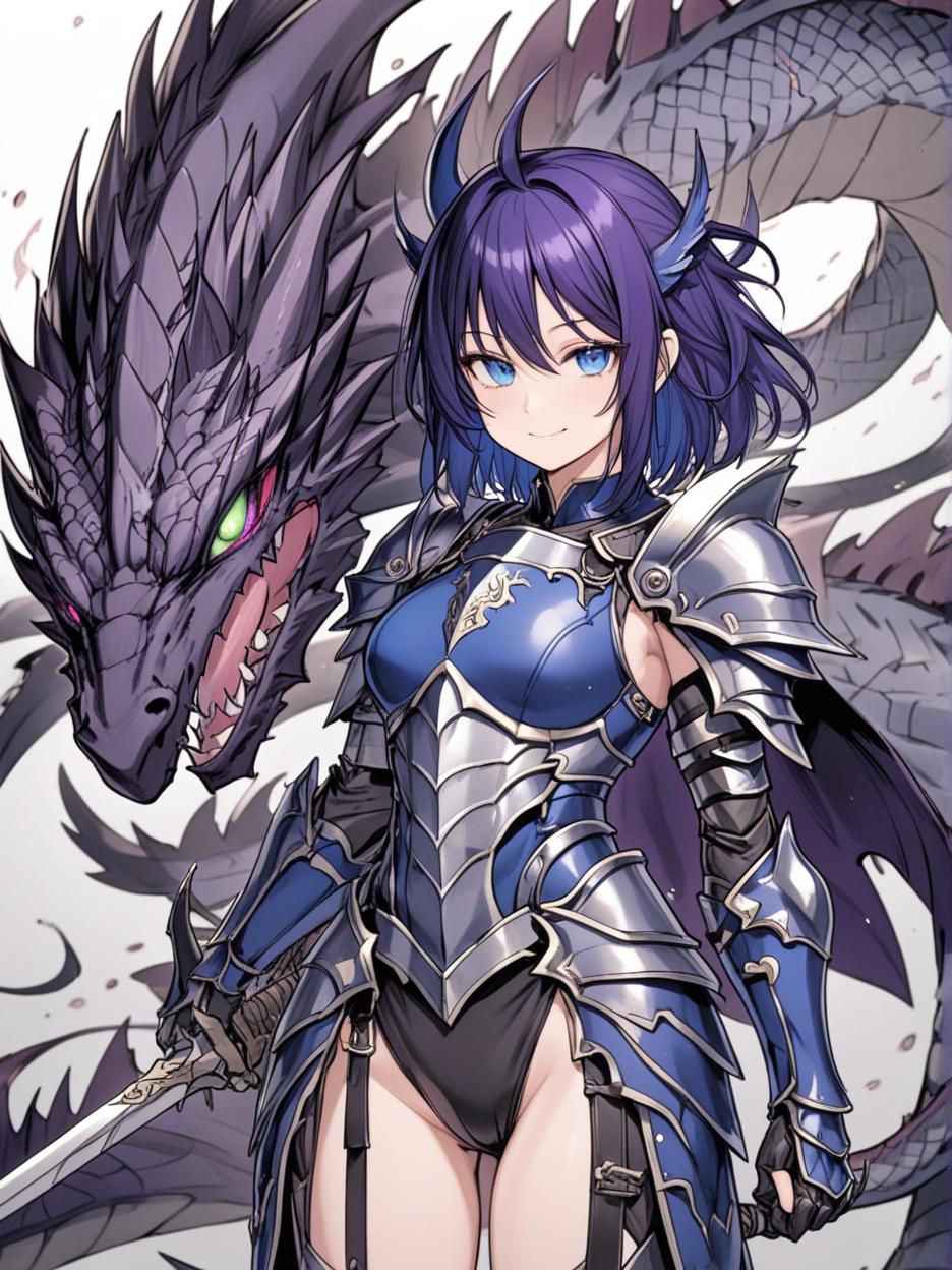  manga artwork an anime photo of a half human, half dragon warrior, she has very dark purple hair, a pleasant smile, very beautiful blue eyes, a grayer skin, a light black knight armor, broken black wings, and, hands with dragon claws mixed with the armor, a long dragon tail, and other details of her dragon form mixed with her human appearance, she has a more adult and very strong body, with a slender build. manga artist. manga, highly emotional. best quality, high resolution