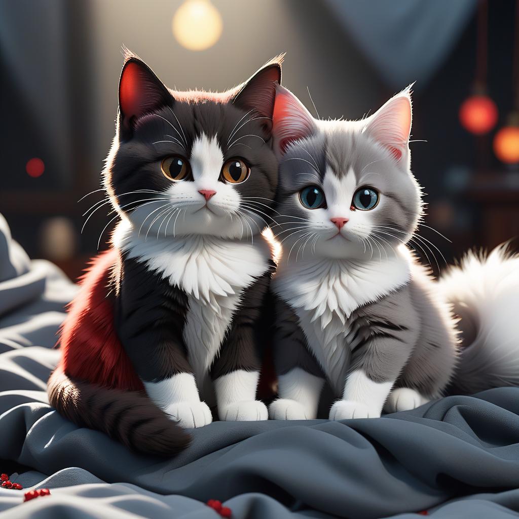  two cartoon cats of red and dark gray color and a white cat lying on top of each other, sticker hyperrealistic, full body, detailed clothing, highly detailed, cinematic lighting, stunningly beautiful, intricate, sharp focus, f/1. 8, 85mm, (centered image composition), (professionally color graded), ((bright soft diffused light)), volumetric fog, trending on instagram, trending on tumblr, HDR 4K, 8K