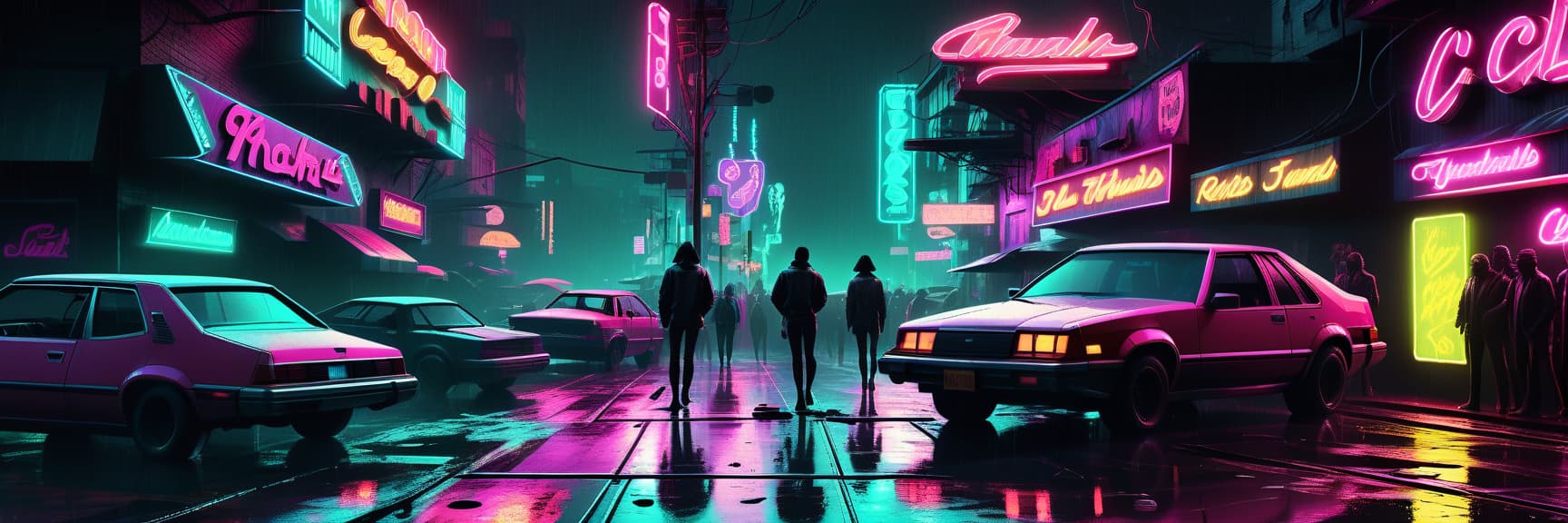  neon noir disco club in the eighties with neon signage, cyberpunk, at night, with cars near the club, and people, 4k, 3d, real people . cyberpunk, dark, rainy streets, neon signs, high contrast, low light, vibrant, highly detailed, t shirt design