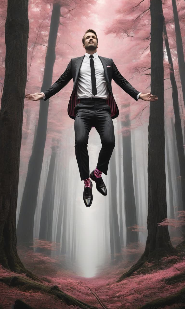  concept art color pink, white, black, gold forest man in a stacked suit in a strip suspended by his legs upside down . digital artwork, illustrative, painterly, matte painting, highly detailed, perfect hands