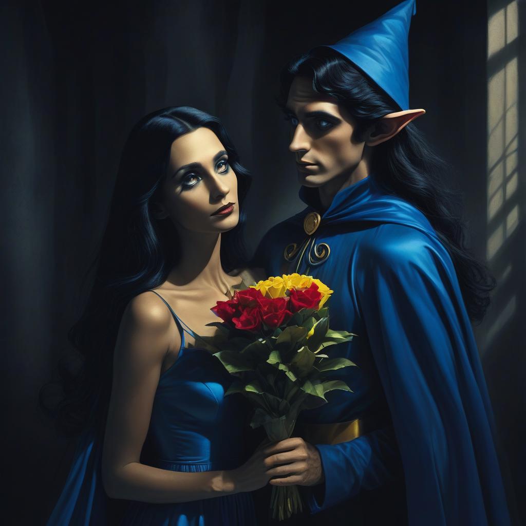  film noir style an elf man in a blue cape, with long black hair, gives a multi colored bouquet to an elf woman with golden long hair . monochrome, high contrast, dramatic shadows, 1940s style, mysterious, cinematic