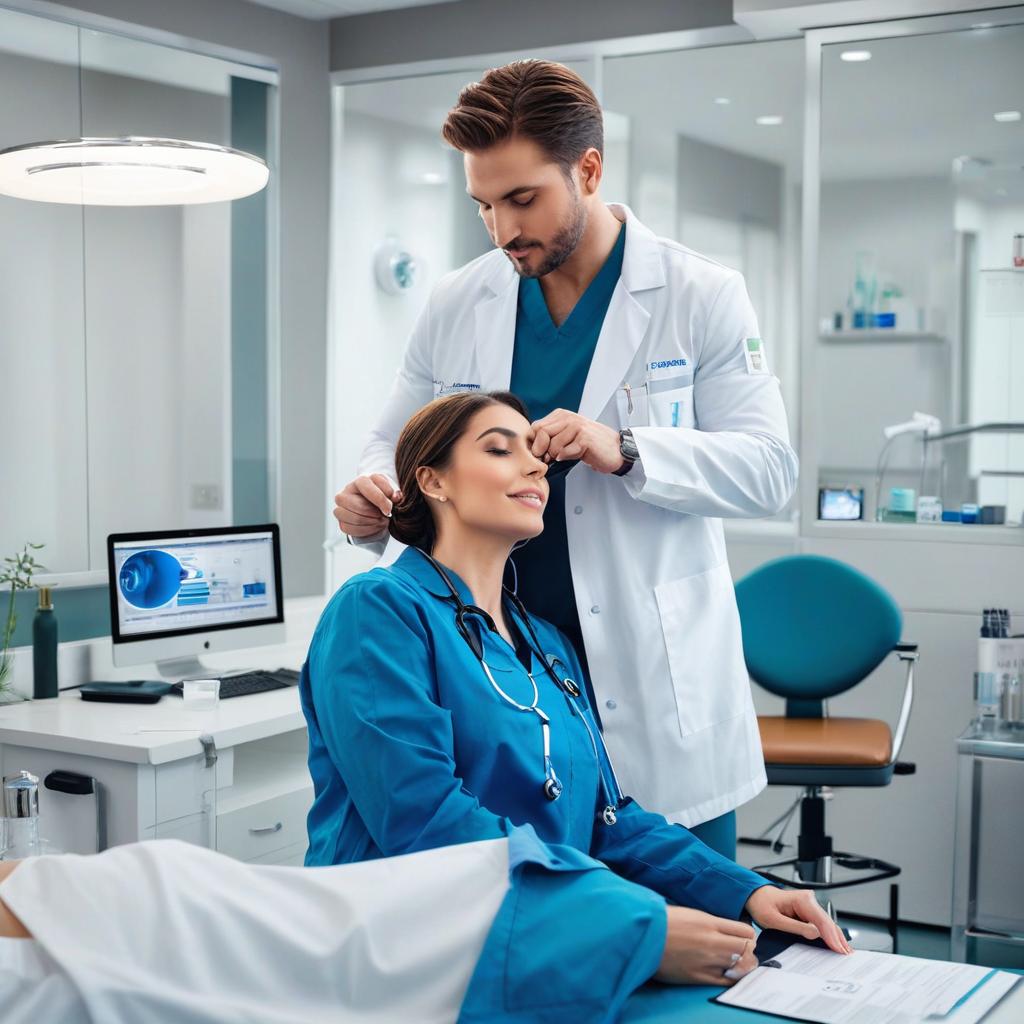  a doctor performing a routine physical exam on a fully clothed male patient, wearing a white coat, blue scrubs, and a stethoscope around the neck.