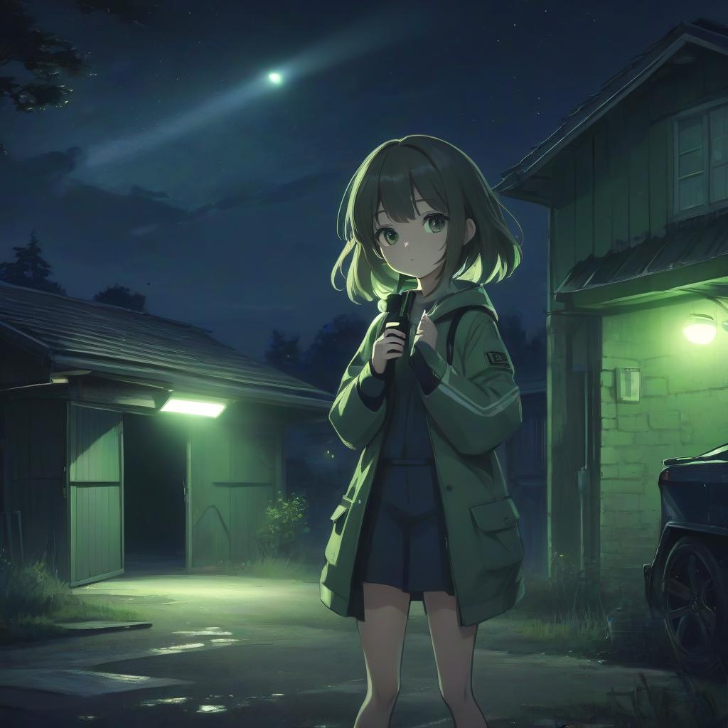  anime girl with a flashlight in her hands near a garage in the village, night, green tones, ufo in the sky