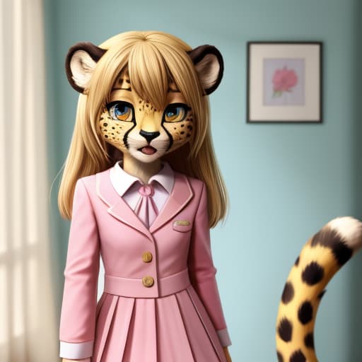  Female Cheetah anthromorph, young, , cute, mini-, uniform, pink , clroom, full body, open eyes, masterpiece, 4k, fine details,