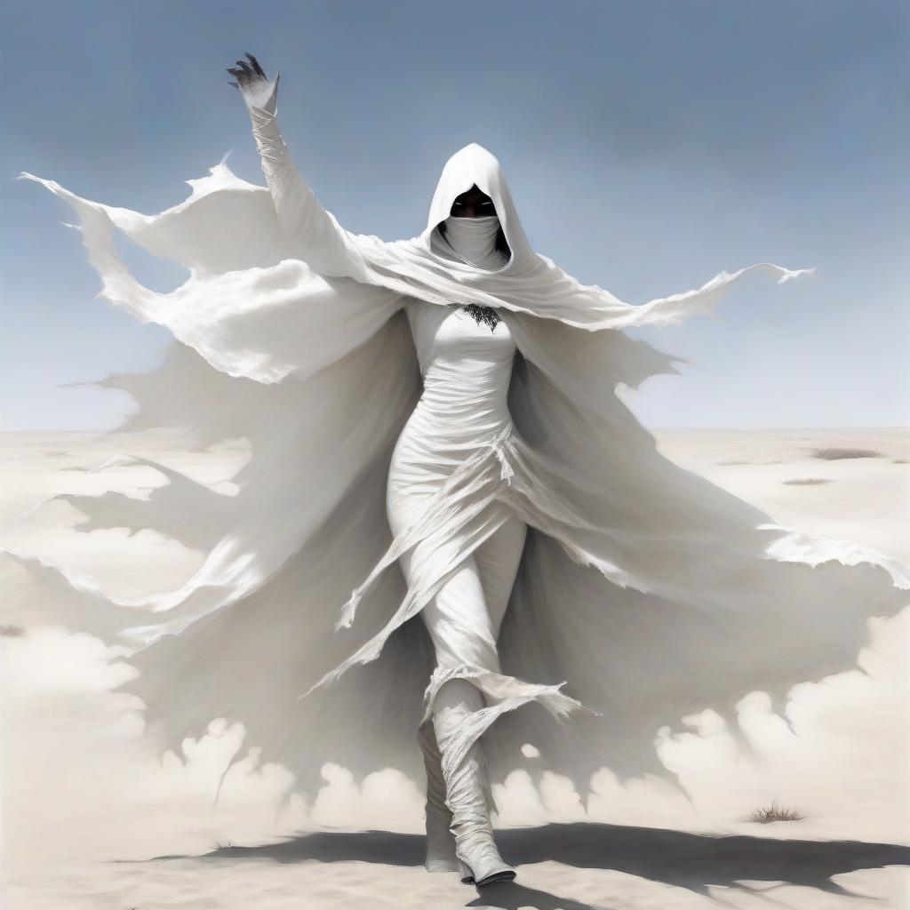  macabre style fantasy girl with a dark face in a white scarf on her face, in a white, white ragged, leaky cloak. . dark, gothic, grim, haunting, highly detailed