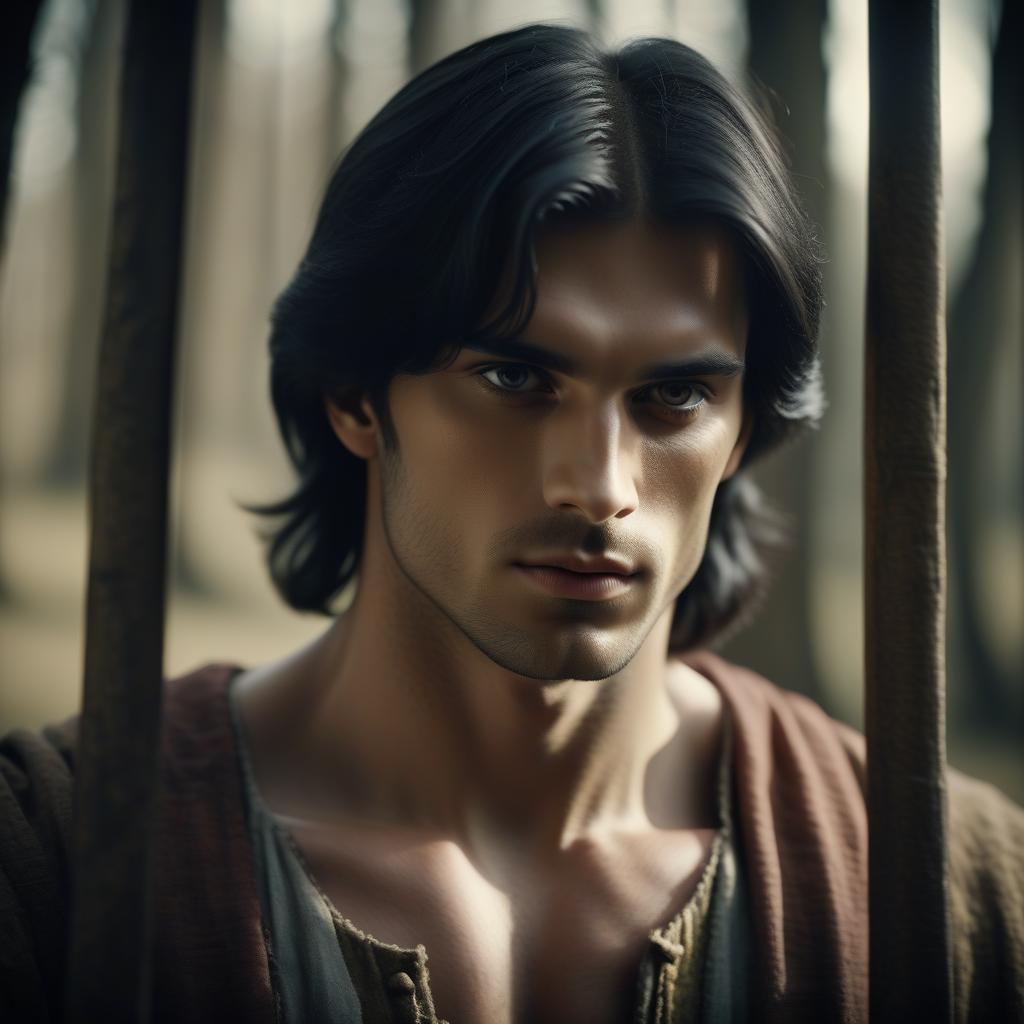  cinematic film still draw a guy with black hair long under a frame 19 years brown eyes light skin muscular face of an ordinary slavic chin round kinder look in the middle ages style of drawing . shallow depth of field, vignette, highly detailed, high budget, bokeh, cinemascope, moody, epic, gorgeous, film grain, grainy