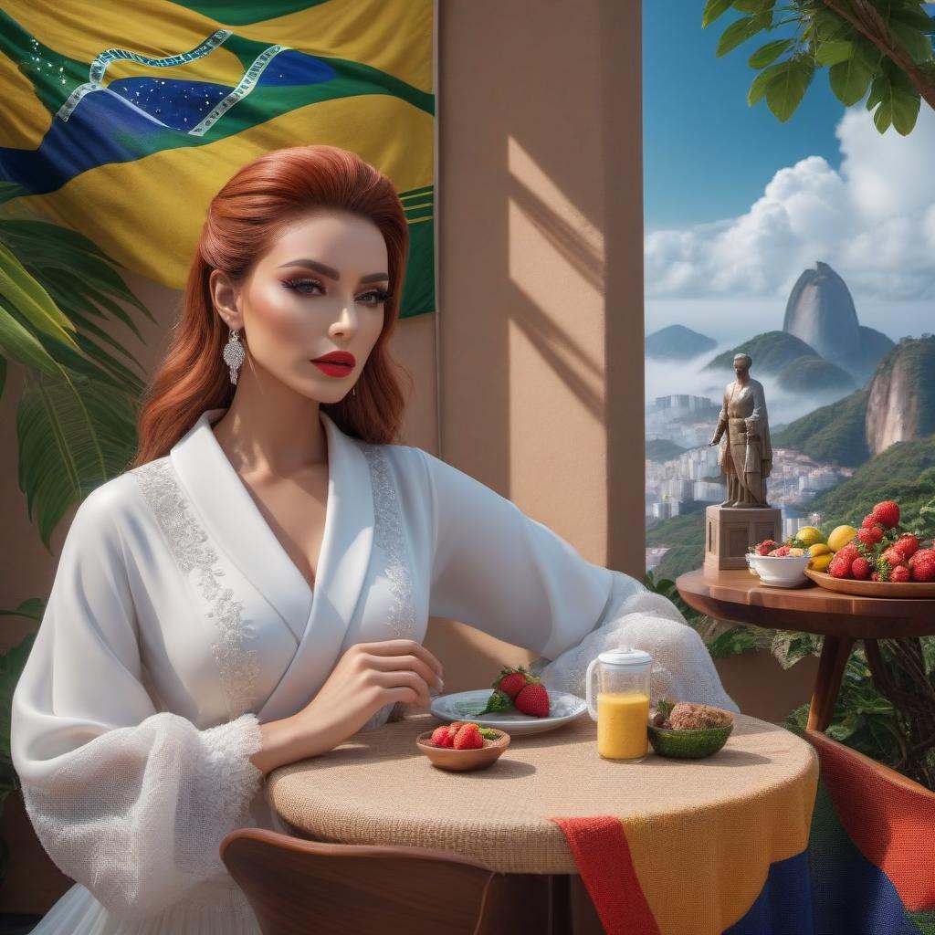  Brazil hyperrealistic, full body, detailed clothing, highly detailed, cinematic lighting, stunningly beautiful, intricate, sharp focus, f/1. 8, 85mm, (centered image composition), (professionally color graded), ((bright soft diffused light)), volumetric fog, trending on instagram, trending on tumblr, HDR 4K, 8K