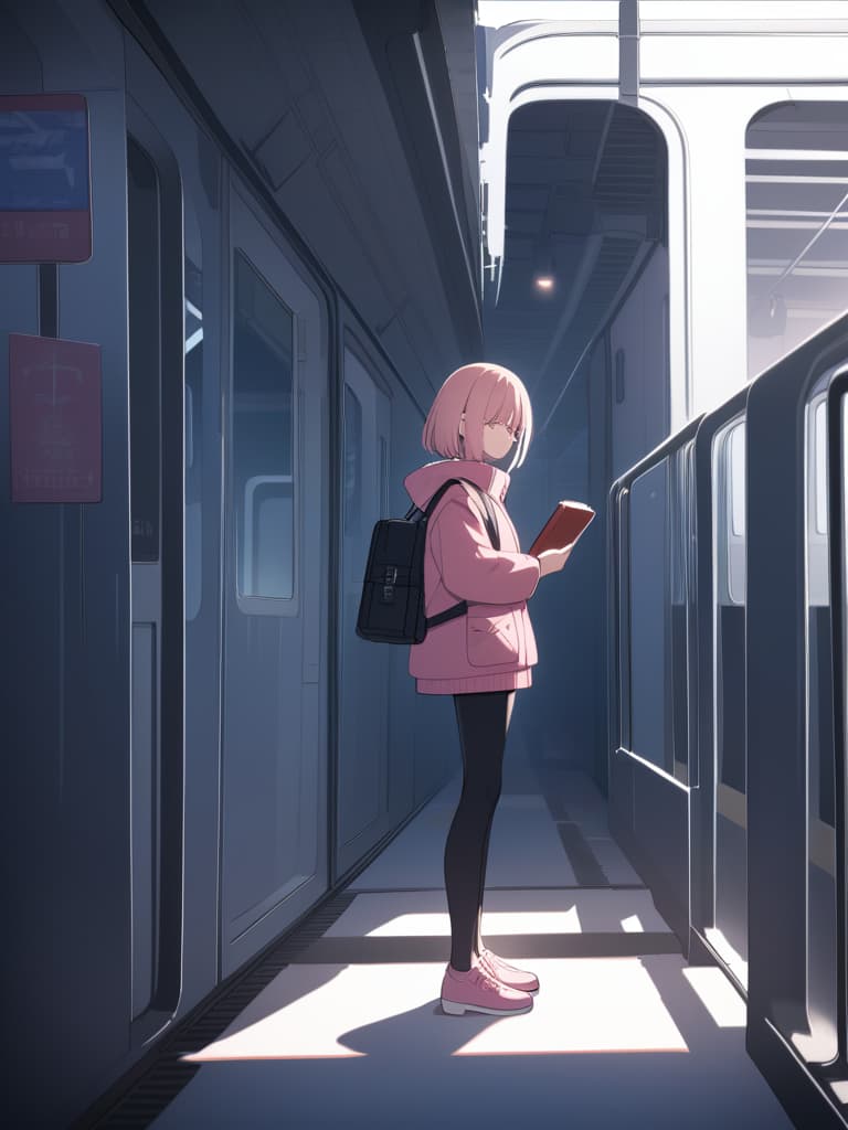  focused expression,short bob haircut,straight hair,pink sweater,black leggings,dark blue puffer coat,pink shoes,no accessories,standing pose,holding a book,looking slightly to the left,smooth fair skin,indoor environment with a train setting,urban scenery,artificial lighting,light coming from upper right,soft shadows,quiet and contemplative atmosphere,front view,japanese letters on signs,well balanced exposure,no motion blur.