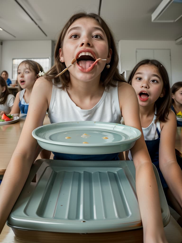  girls in a meal, first graders, large open mouths, sitting on chairs, dishes on the desk, dish in the mouth, masterpiece, best quality,8k,ultra detailed,high resolution,an extremely delicate and beautiful,hyper detail