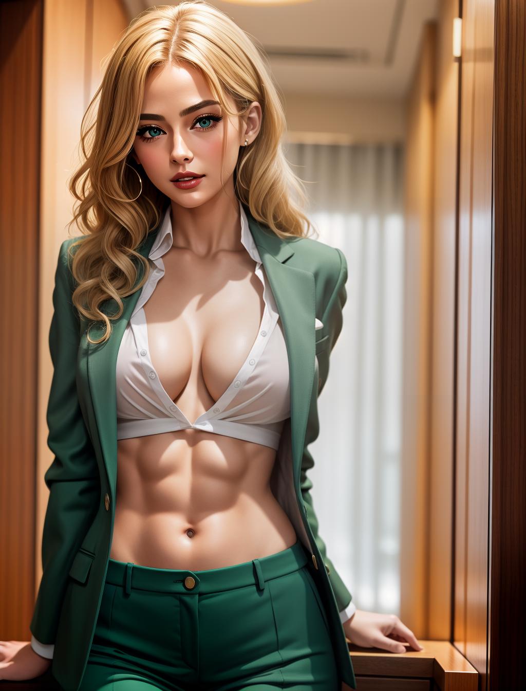   old model arousing and stimulating herself, green eyes, full lips, thin face, curly blonde hair, , wearing business attire at a fancy hotel, fully open shirt showing her small round s, toned abs, v line, micro (cameltoe)