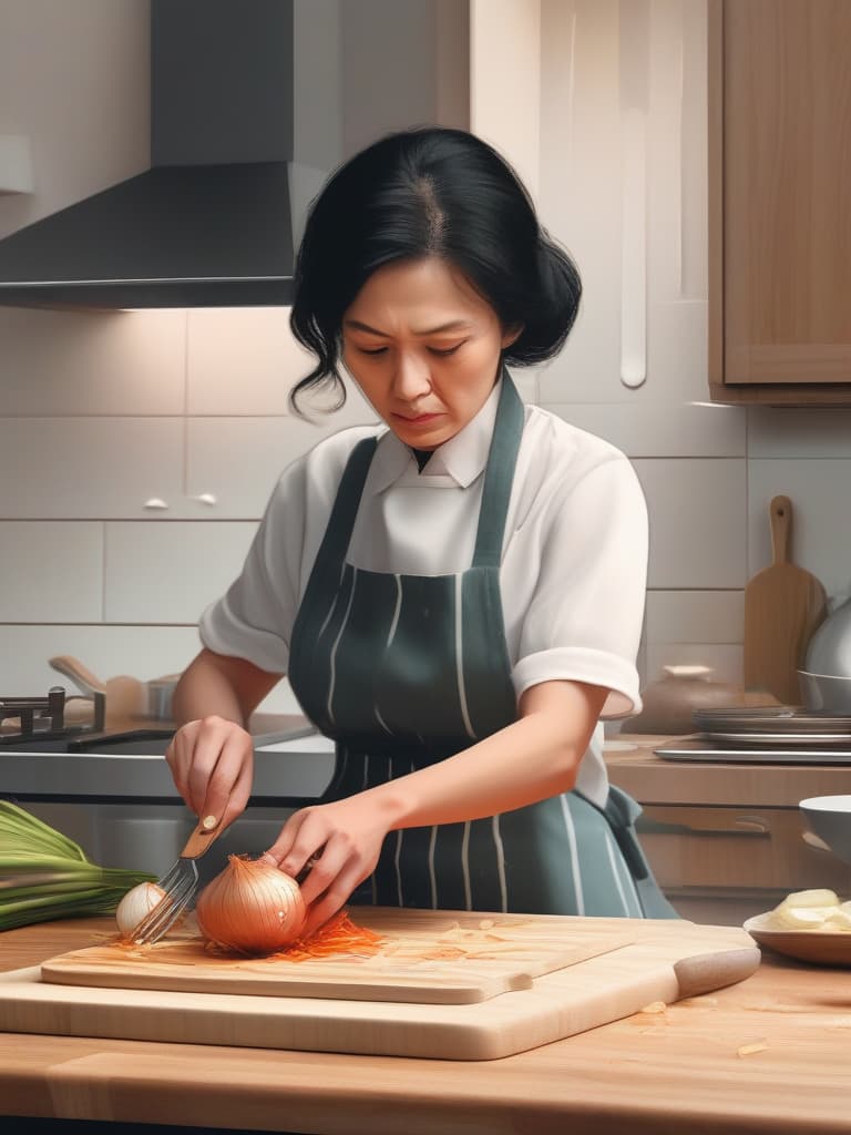  kitchen,woman wearing apron {cutting onion🧅 with knife on cutting board,(tears while slicing onion🧅 into thin strips:1.4)sliced onion🧅 on cutting board},super detail,high resolution,absurd,employed,