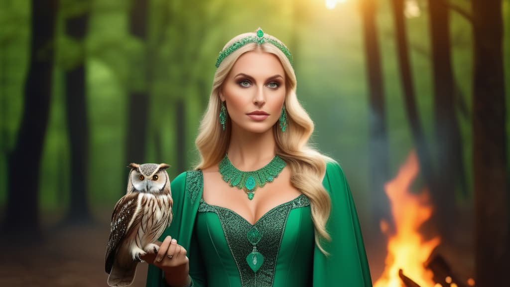  Blonde fortune teller in a beautiful green dress with an owl on her shoulder, against the backdrop of a forest and a fire ar 16:9 high quality, detailed intricate insanely detailed, flattering light, RAW photo, photography, photorealistic, ultra detailed, depth of field, 8k resolution , detailed background, f1.4, sharpened focus