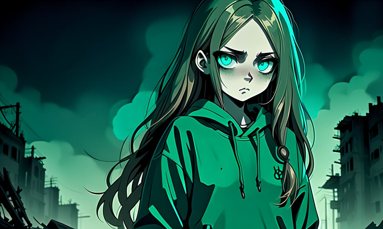  dystopian style a girl in anime style with long hair stands in the dark dressed in a dark green sweatshirt and pants. the girl looks into the darkness with black lower eyelids under the eyes of turquoise color full of fear of the unknown and curiosity. she's holding her hand in front of her. . bleak, post apocalyptic, somber, dramatic, highly detailed