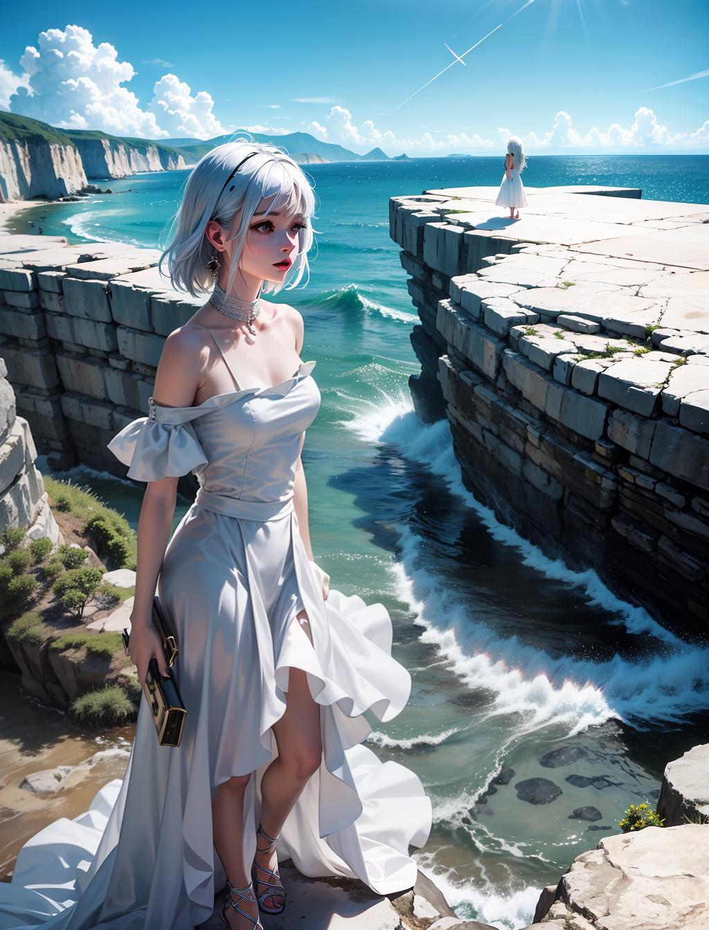  a girl is standing on the edge of cliff facing the ocean. we see the woman from behind and from a far. she has short white hair, pale skin and wear a white tunique. it’s the dusk. her shoulder length hair is softly raised from her shoulder by the wind. the moon from a far awake the white beauty of the women. the vibes are misterious and fantastic. the surroundings are dark.