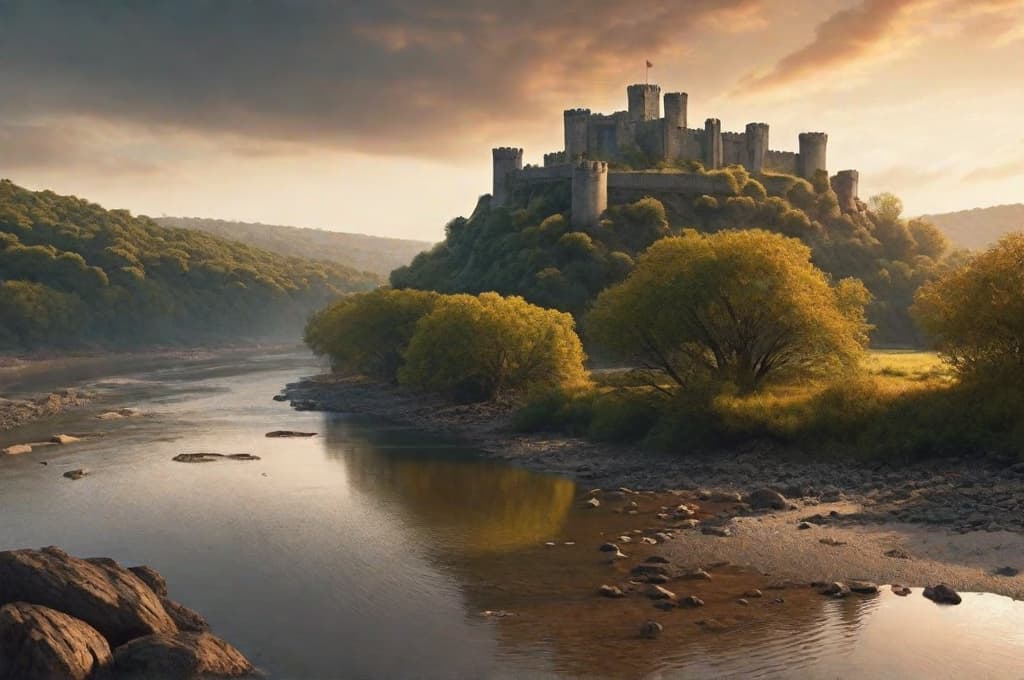  una imagen realista tipo fotografia de un castillo templario; sobre unas rocas; a la orilla de un rio; rodeado de un bosque de encinas; al amanecer; inspirate en el castillo templario de españa; vista frontal; , realistic, portrait, art by donato giancola and greg rutkowski, realistic face, digital art, trending on artstation: con un arbol a la derecha hyperrealistic, full body, detailed clothing, highly detailed, cinematic lighting, stunningly beautiful, intricate, sharp focus, f/1. 8, 85mm, (centered image composition), (professionally color graded), ((bright soft diffused light)), volumetric fog, trending on instagram, trending on tumblr, HDR 4K, 8K