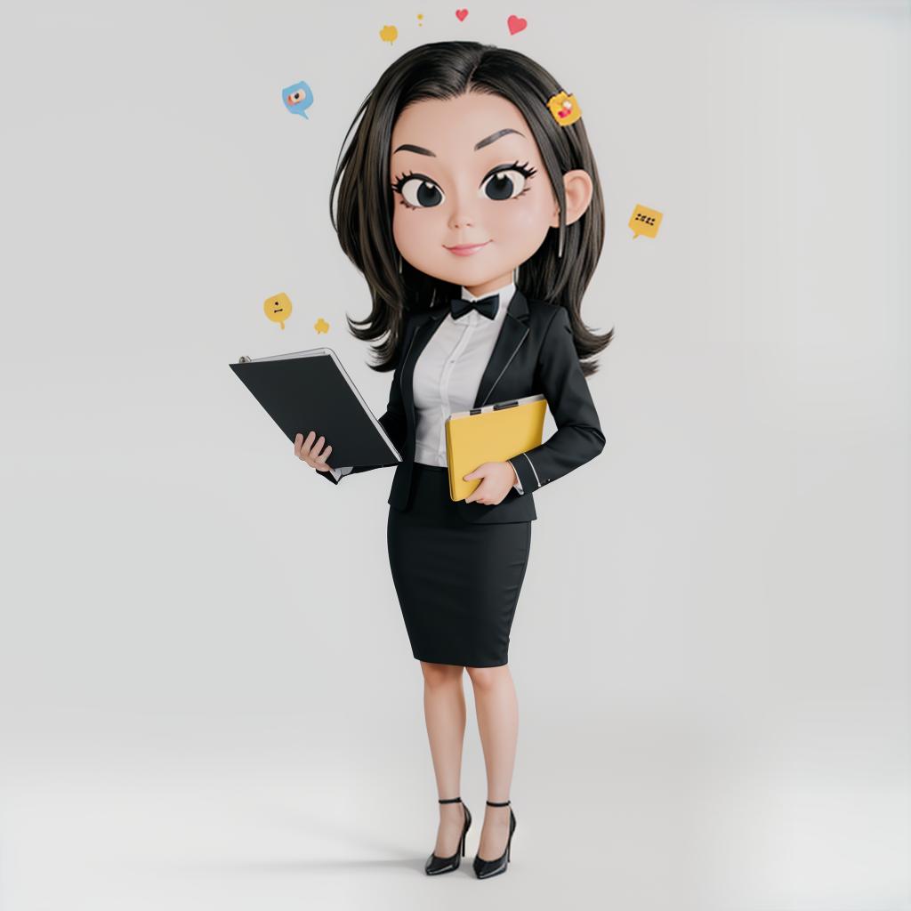  a professional cartoon character of a a business woman with a notebook, full body shot, mascot, clean background, (4k, best quality, masterpiece:1.2), ultrahigh res, highly detailed, sharp focus, (perfect image composition),(centered image composition) <lora:stickersredmond:1>