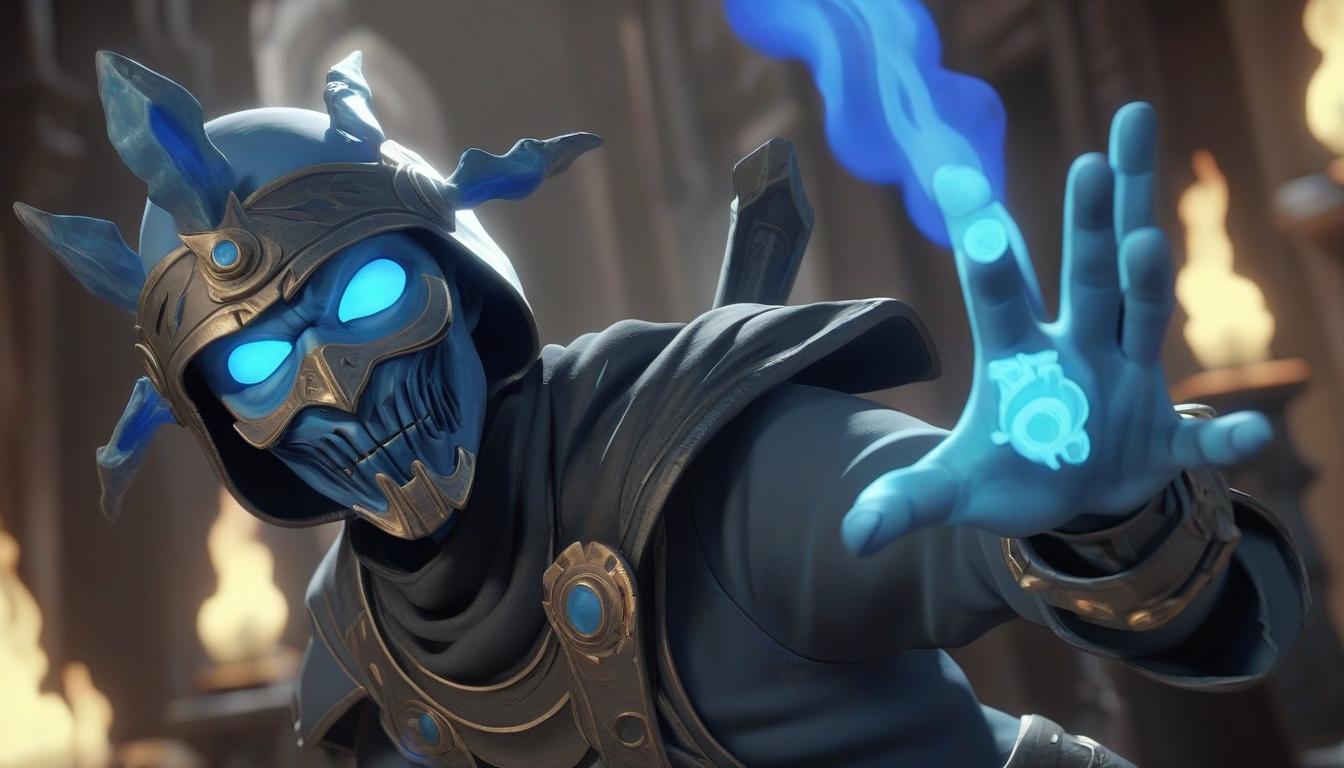  a character from the game robox deathspeaker with a blue flame in two hands with a mask on his head, in the background flies a deregible