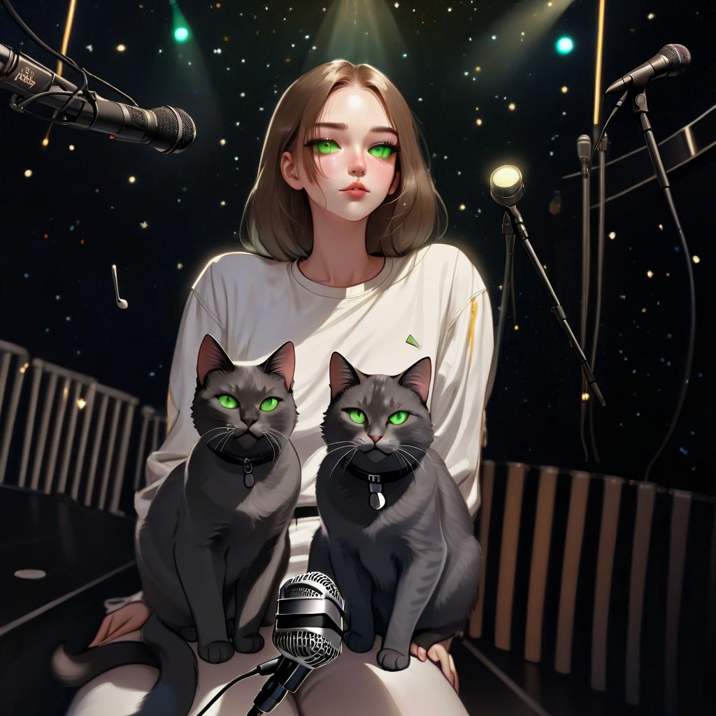  girl with dark green eyes, two cats, space, spotlights, view from the stage, microphone, music, royal grace