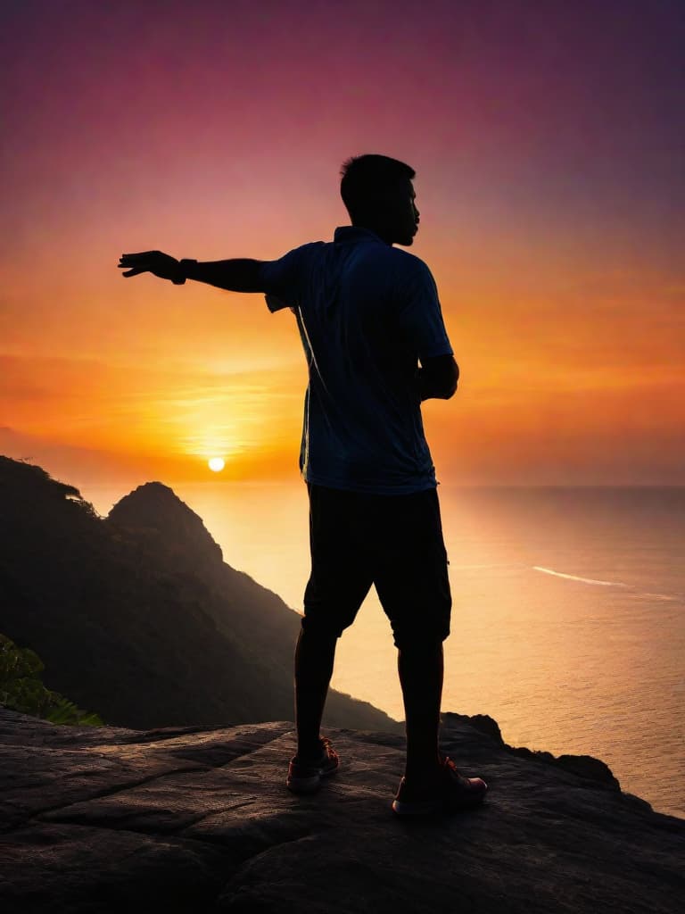  Close up of the silhouette of a man doing Thai Chi on a cliff overlooking the ocean with a sunrise in the background. RAW, realistic