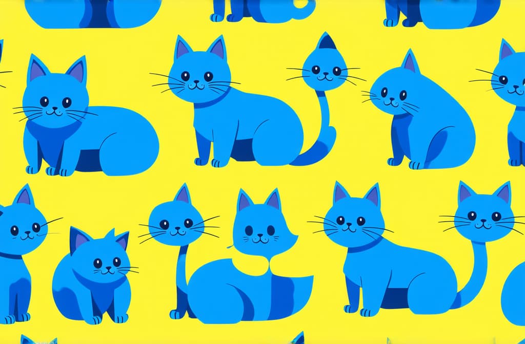  blue cats with funny faces. simple flat color illustration. ar 3:2 {prompt}, maximum details