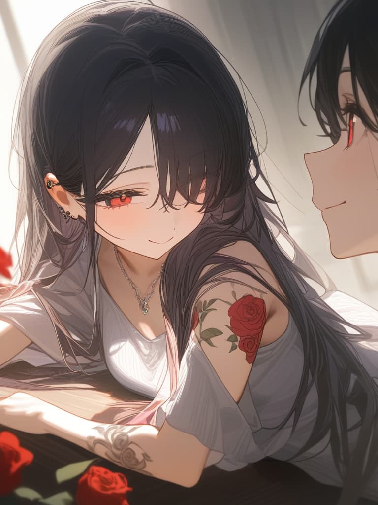  long hair, black hair, hair tips are pink, red eyes, hanging eyes, bangs lengths, smiles, adults, adult faces, piercings, necklaces, hair are light pink, black, thin makeup, arms. contains a red rose tattoo, a rose tattoo on the arm, a hidden eye, masterpiece, best quality,8k,ultra detailed,high resolution,an extremely delicate and beautiful,hyper detail