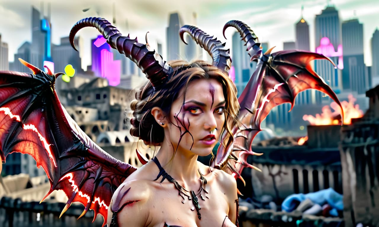  cinematic photo an demonic bitch succubus insectoid woman called kerrigan, the queen of blades, ana de armas, hairstyle like a medusa gorgona, in a grimdark world against the backdrop of a ruined city, with clawed wings sticking out from behind her back . 35mm photograph, film, bokeh, professional, 4k, highly detailed, hkmagic, glowneon, perfecteyes, film photography style, perfect hands