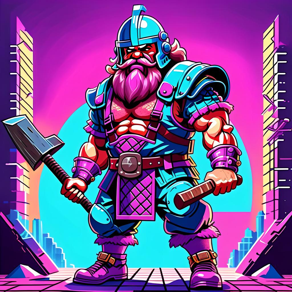  vaporwave style dwarf in heavy lats and in a lattice closed helmet with a two handed hammer in his hands, which he holds with both hands, in a fighting pose in the middle of a fierce battle . retro aesthetic, cyberpunk, vibrant, neon colors, vintage 80s and 90s style, highly detailed