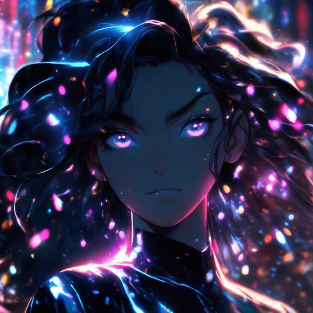  a close up of a person with long hair, neon noire, anime illustrated, shiny black dress, the style of wlop, dark hair, heavy jpeg artifact blurry, portrait gracious saint, sparkles all around, straight black hair, avatar image