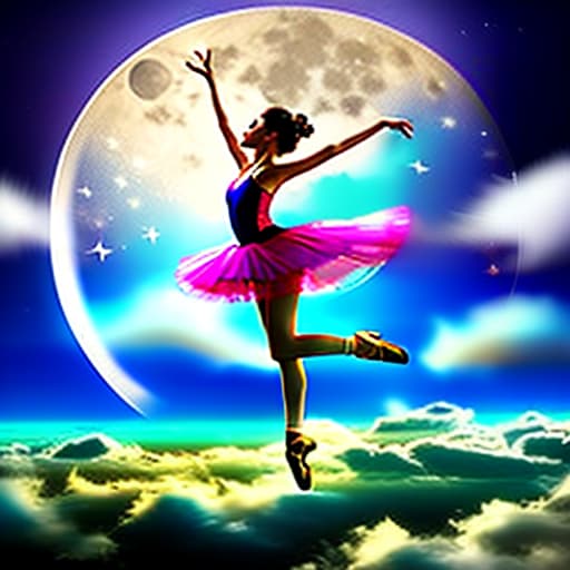  the ballerina is flying in a leap above the clouds with her arms outstretched towards the distant moon. in the style of sattva art glass studio