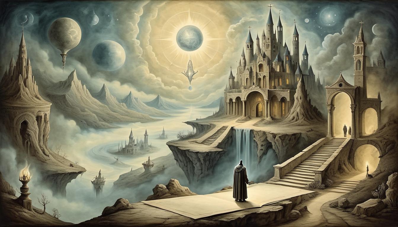  on parchment, surrealism+++, ascending path illuminated by divine light, figures left behind, steps toward destiny(mysterious, provocative, symbolic,muted color)+++